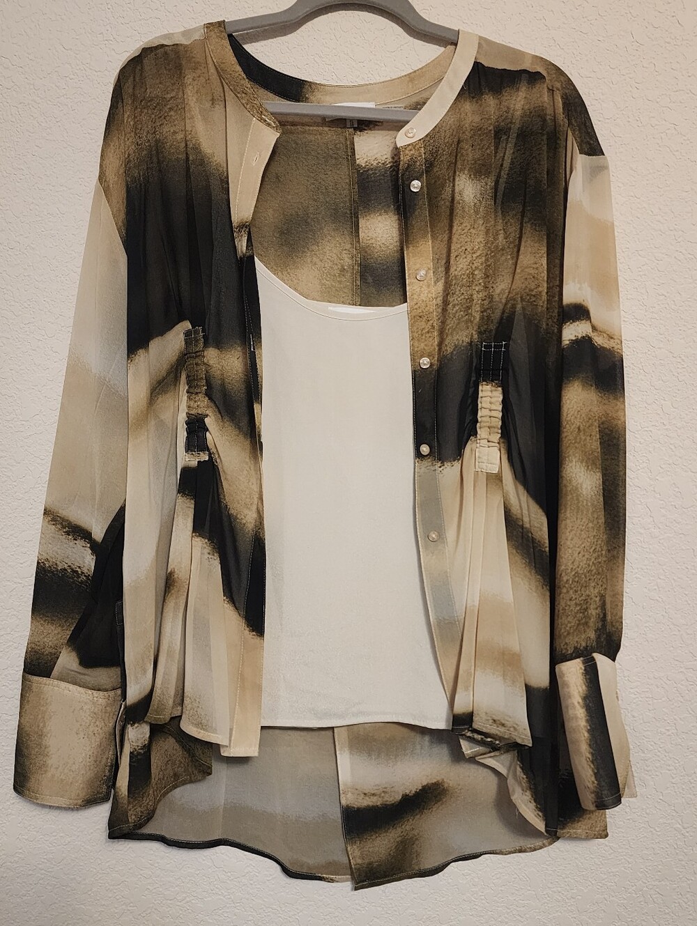 Calvin Klein Olive Green and Beige Satin Button-Up Blouse
